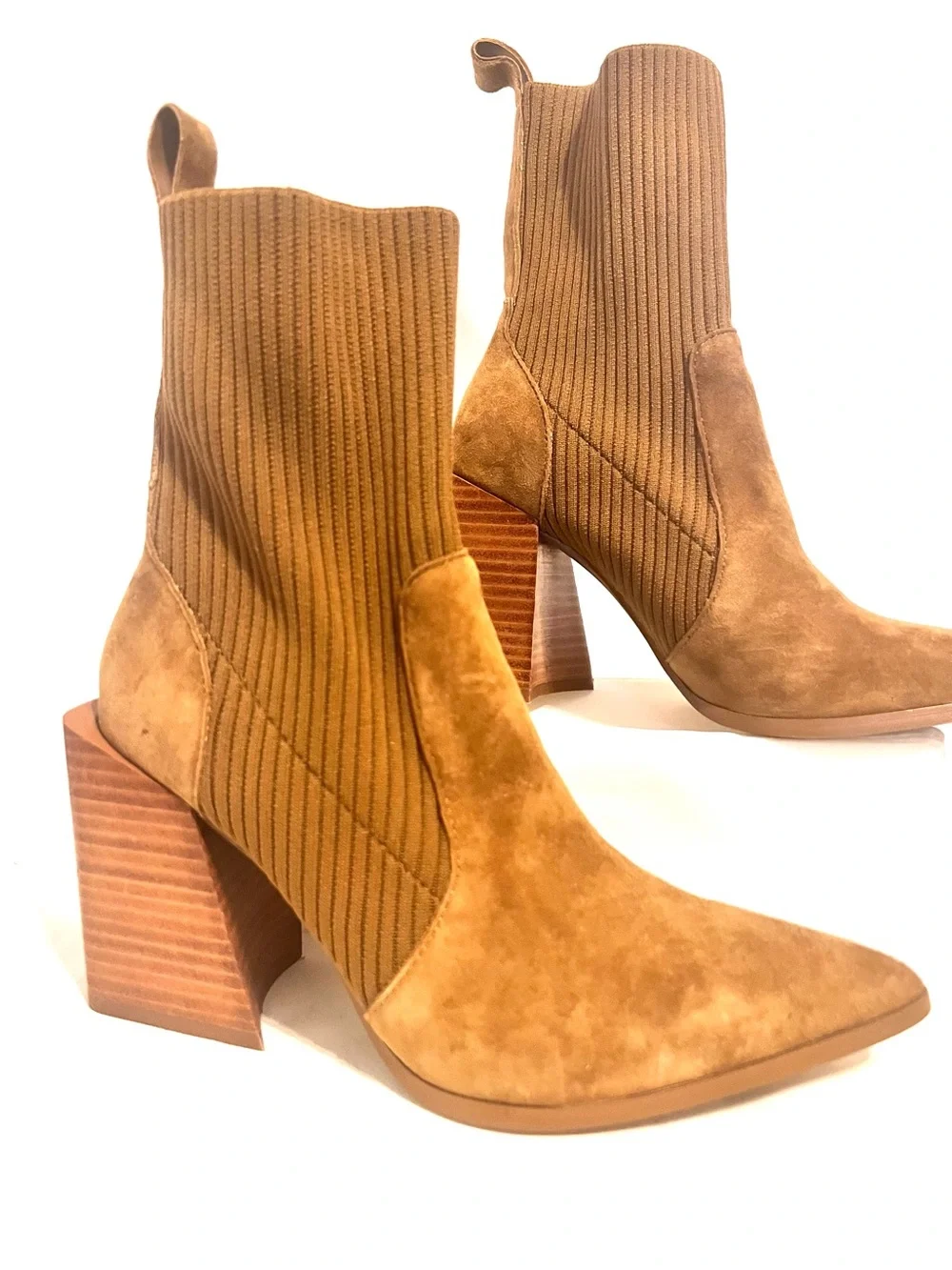 Steve Madden Teca Pointy Toe Leather Suede Ribbed Stretch Sock Ankle Boots-Sz. 6